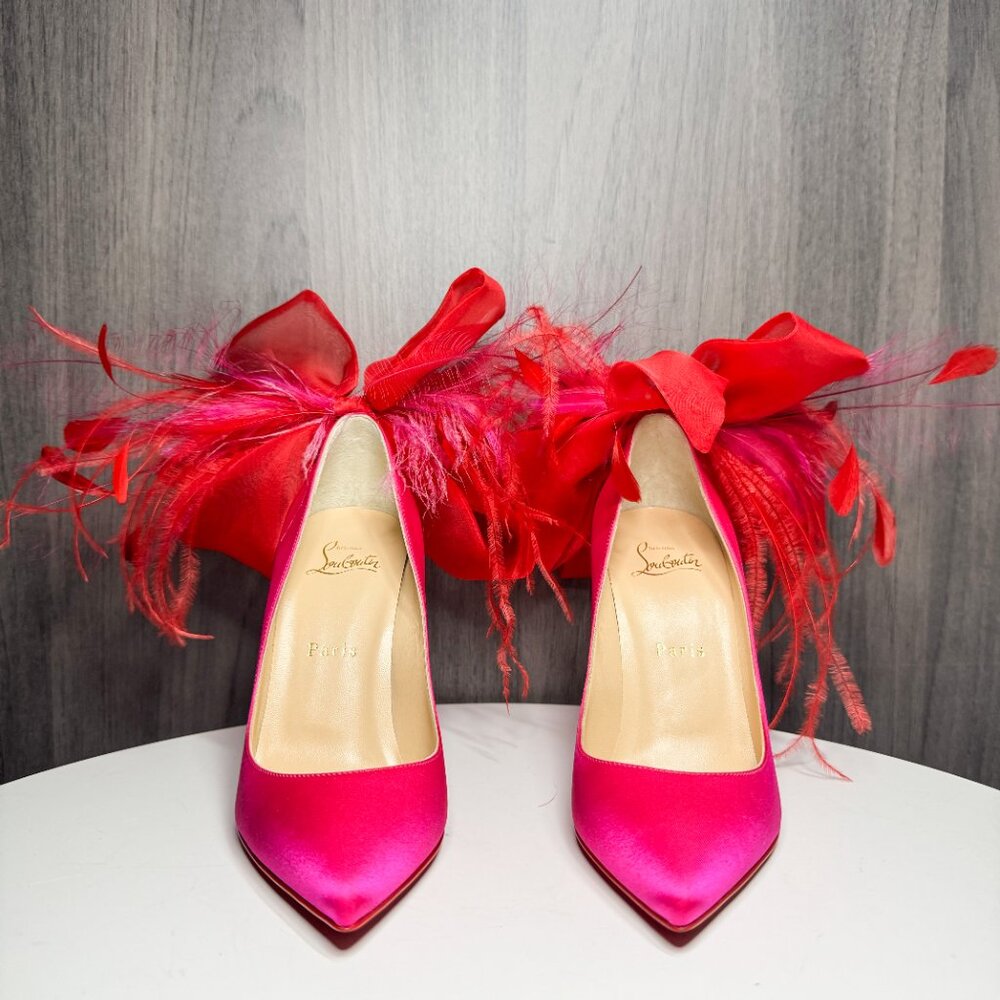 Louboutin Anemone Plume pink satin feather heels - Picture 3 of 10